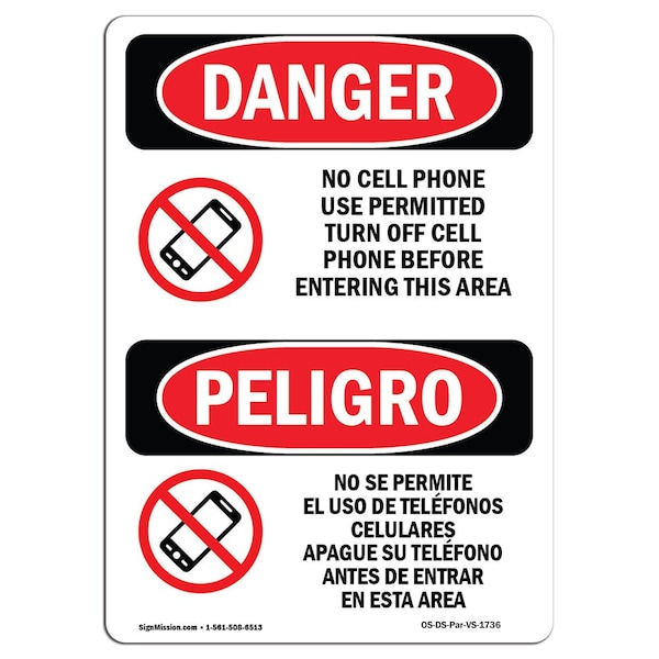 Safety Sign, OSHA Danger, 5" Height, No Cell Phone Use In Area Bilingual Spanish, 10PK
